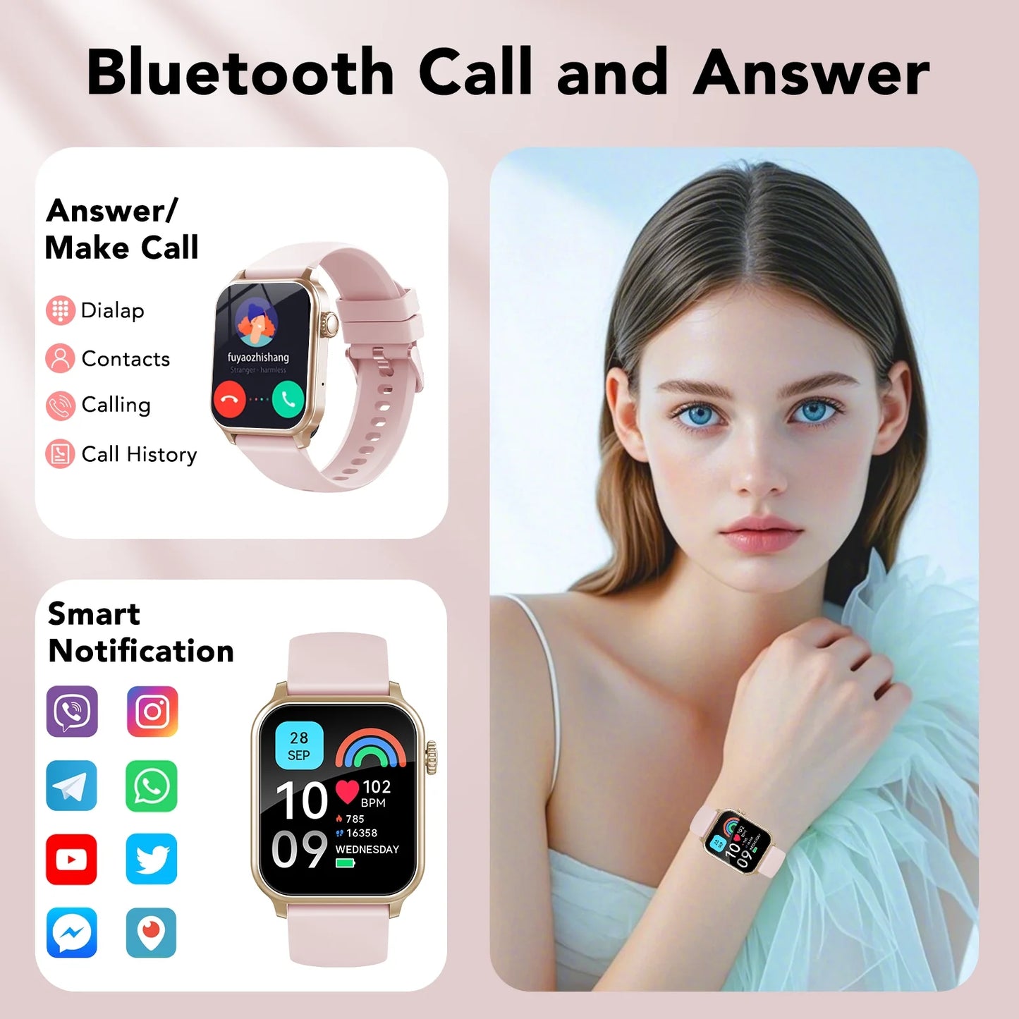 Smart Watches for Men Women, Smartwatch Fits for Iphone Android 1.83" HD Fitness Tracker with Call Function, 600 Mah 30 Day Battery Life, 110+ Sport Modes, Fitness Watch, IP68 Waterproof Pink
