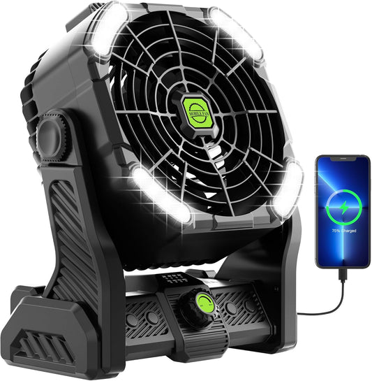 Battery Powered Fan,20000Mah Camping Essentials Rechargeable Cordless Camping Fan with LED Light & Hook，270° Pivot USB Table Battery Operated for Tent Black X26