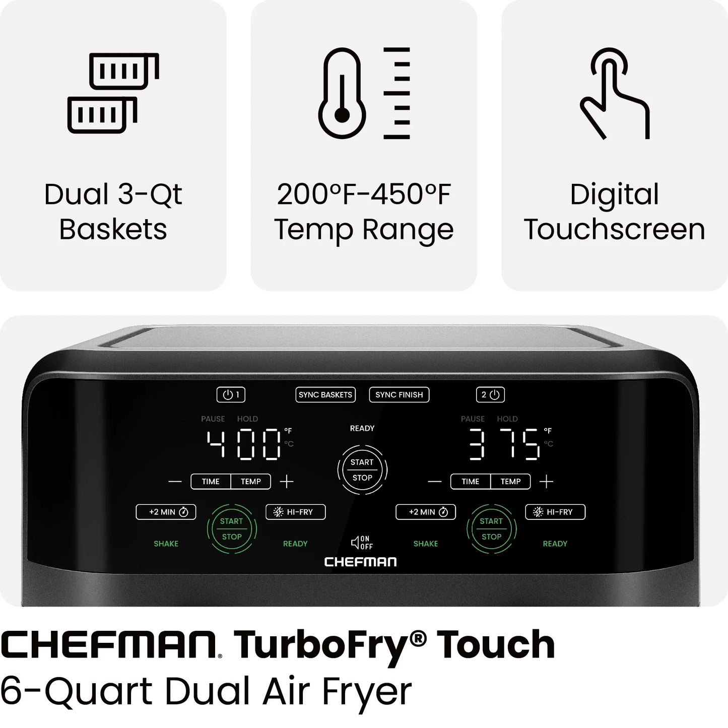 Dual Basket Air Fryer W/ Digital Touchscreen, 2 Independent 3 Qt Baskets, Sync Finish - Black