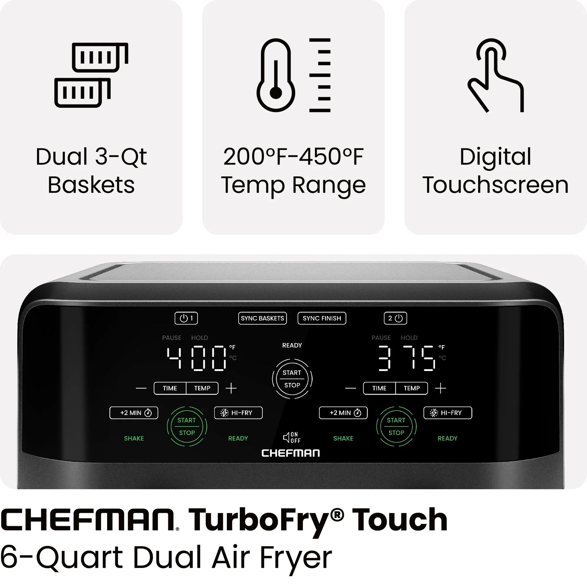 Dual Basket Air Fryer W/ Digital Touchscreen, 2 Independent 3 Qt Baskets, Sync Finish - Black