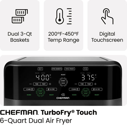Dual Basket Air Fryer W/ Digital Touchscreen, 2 Independent 3 Qt Baskets, Sync Finish - Black