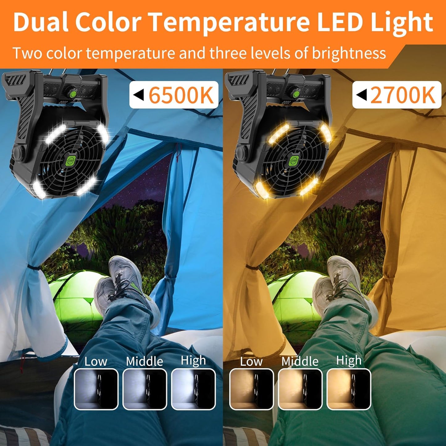 Battery Powered Fan,20000Mah Camping Essentials Rechargeable Cordless Camping Fan with LED Light & Hook，270° Pivot USB Table Battery Operated for Tent Black X26