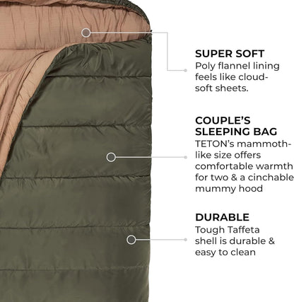 Teton Mammoth Queen Size Double Sleeping Bag- a Warm Bag the Whole Family Can Enjoy – Great for Camping, Hunting and Base Camp. Compression Sack Included