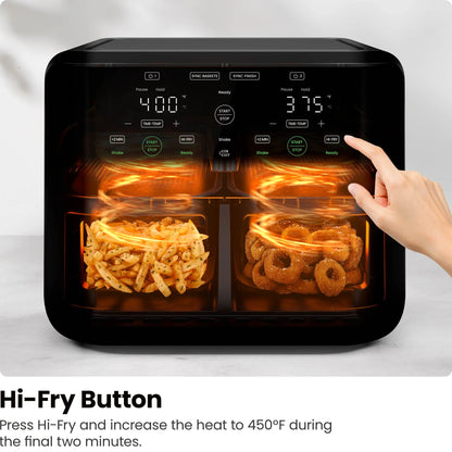 Dual Basket Air Fryer W/ Digital Touchscreen, 2 Independent 3 Qt Baskets, Sync Finish - Black