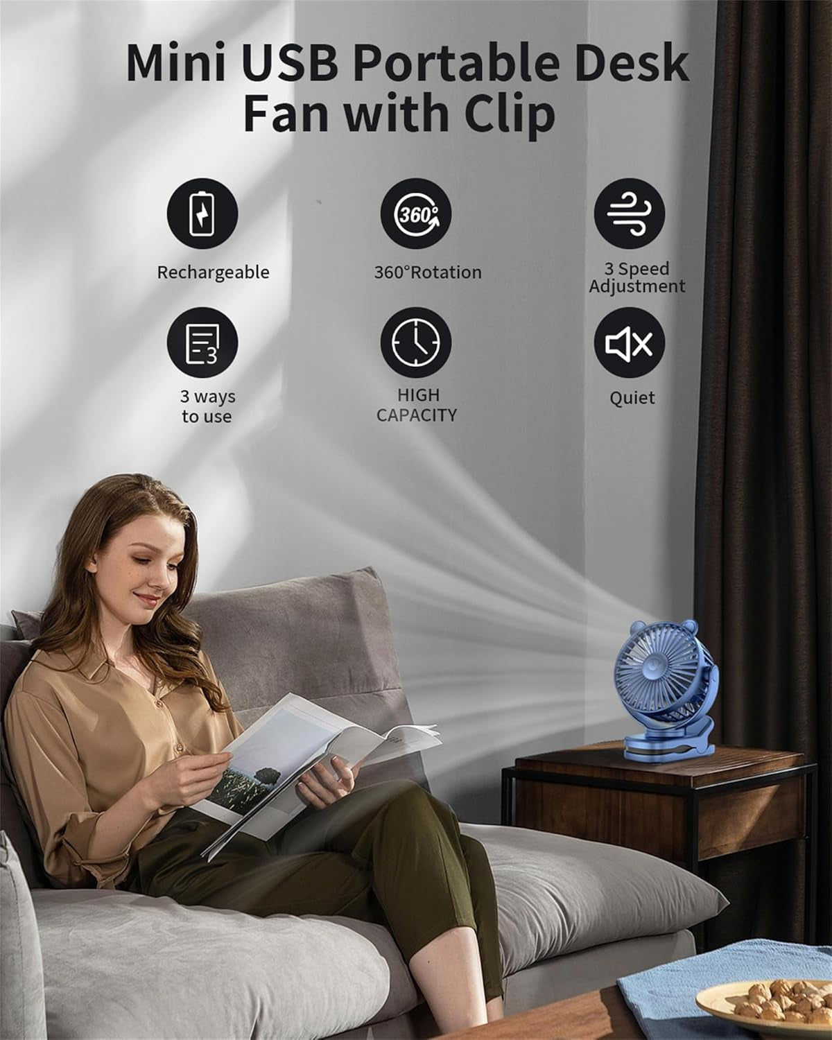 Clip on Fan, Rechargeable Portable Fan with 2000Mah Battery Operated, Small Fan