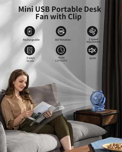 Clip on Fan, Rechargeable Portable Fan with 2000Mah Battery Operated, Small Fan