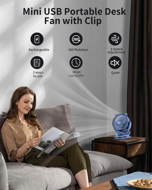 Clip on Fan, Rechargeable Portable Fan with 2000Mah Battery Operated, Small Fan