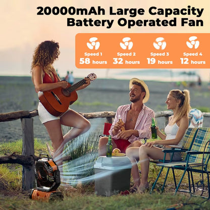Camping Battery Operated Powered Fan with LED Lantern Light 20000Mah Rechargeable Portable Oscillating Fan,Cordless USB Desk Fan