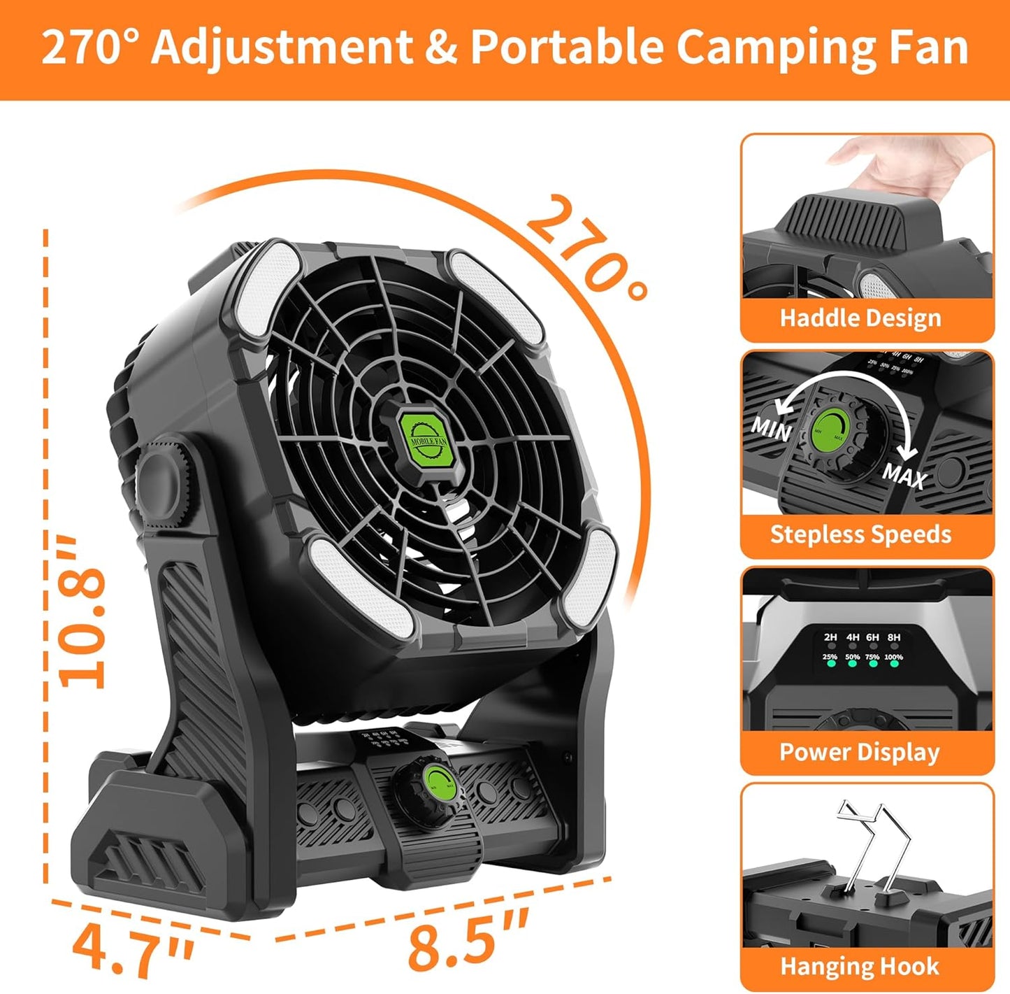 Battery Powered Fan,20000Mah Camping Essentials Rechargeable Cordless Camping Fan with LED Light & Hook，270° Pivot USB Table Battery Operated for Tent Black X26
