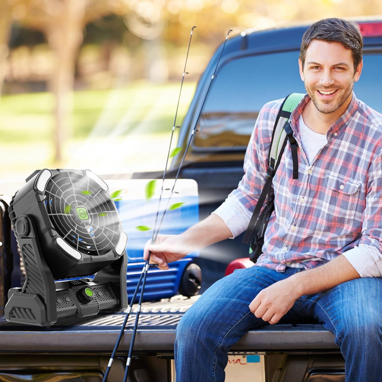 Battery Powered Fan,20000Mah Camping Essentials Rechargeable Cordless Camping Fan with LED Light & Hook，270° Pivot USB Table Battery Operated for Tent Black X26