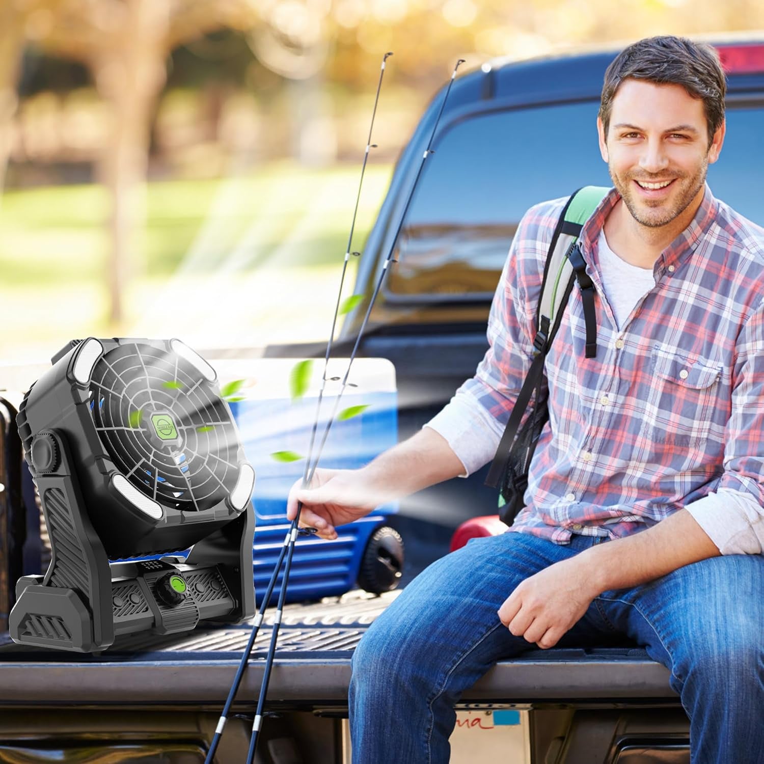 Battery Powered Fan,20000Mah Camping Essentials Rechargeable Cordless Camping Fan with LED Light & Hook，270° Pivot USB Table Battery Operated for Tent Black X26