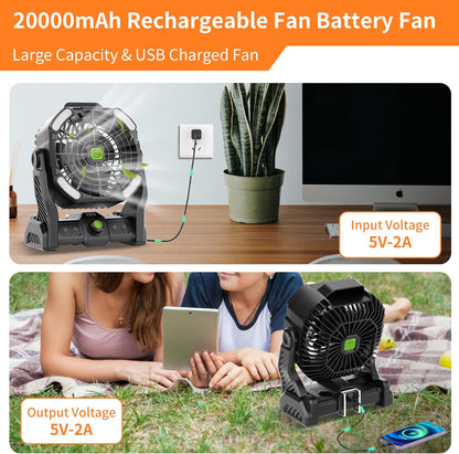 Battery Powered Fan,20000Mah Camping Essentials Rechargeable Cordless Camping Fan with LED Light & Hook，270° Pivot USB Table Battery Operated for Tent Black X26