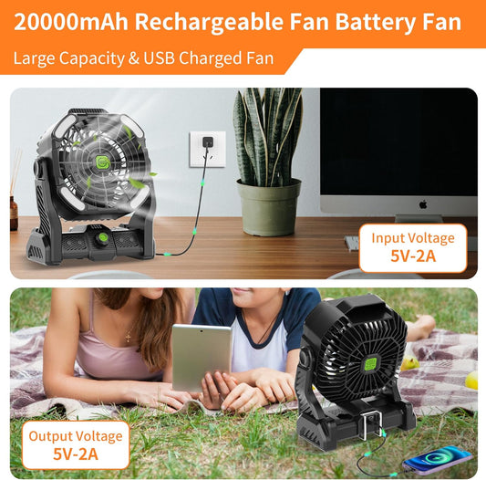 Battery Powered Fan,20000Mah Camping Essentials Rechargeable Cordless Camping Fan with LED Light & Hook，270° Pivot USB Table Battery Operated for Tent Black X26