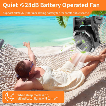 Battery Powered Fan,20000Mah Camping Essentials Rechargeable Cordless Camping Fan with LED Light & Hook，270° Pivot USB Table Battery Operated for Tent Black X26