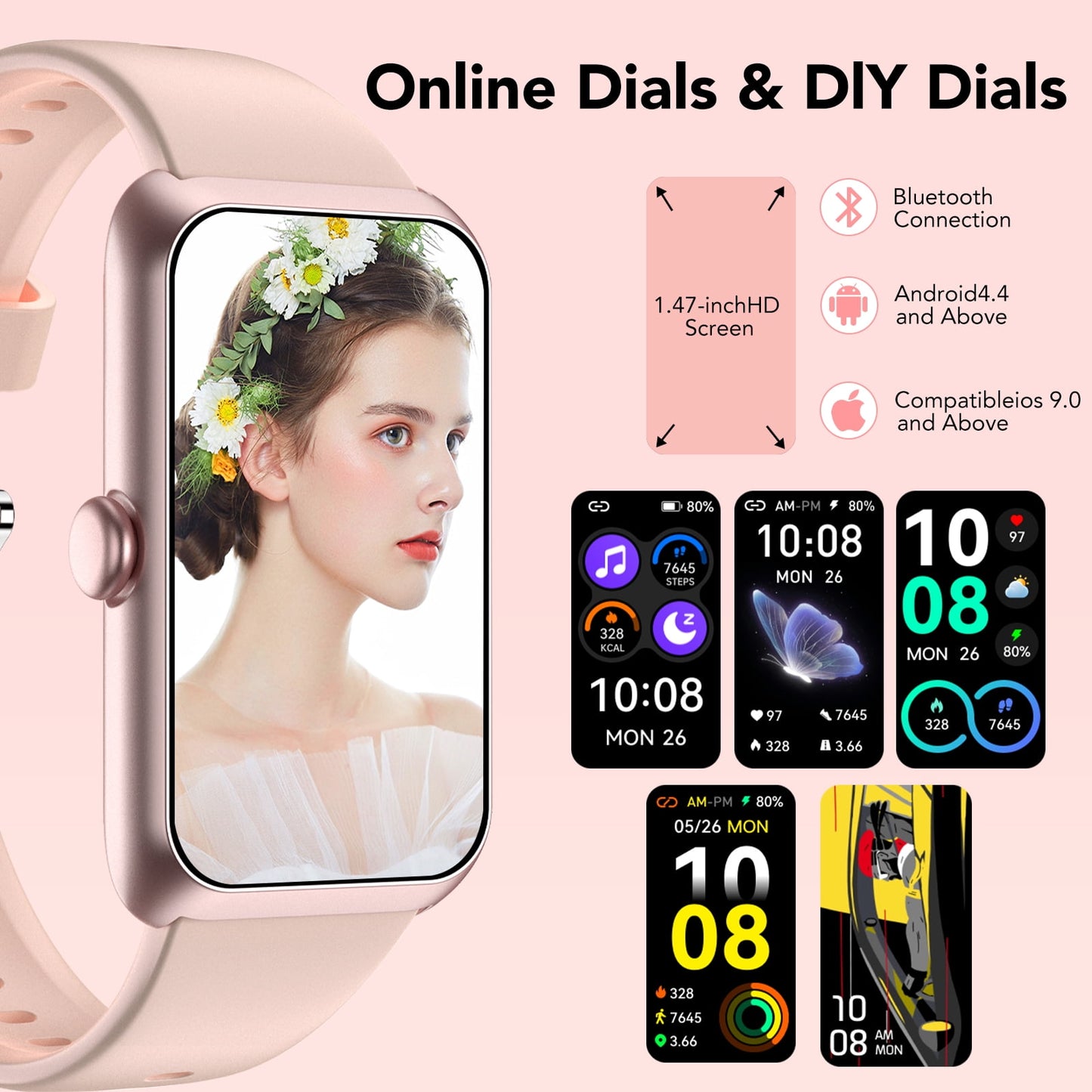 Fitness Tracker for Men Women, 1.47" HD Touch Screen Smart Watch, Bluetooth Call/Make Calls, IP68 Waterproof, 100+ Sport Modes, Fitness Watch for Step Compatible with Android/Ios, Pink, Gifts