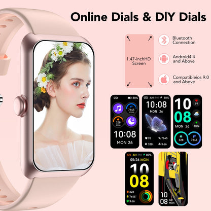 Fitness Tracker for Men Women, 1.47" HD Touch Screen Smart Watch, Bluetooth Call/Make Calls, IP68 Waterproof, 100+ Sport Modes, Fitness Watch for Step Compatible with Android/Ios, Pink, Gifts