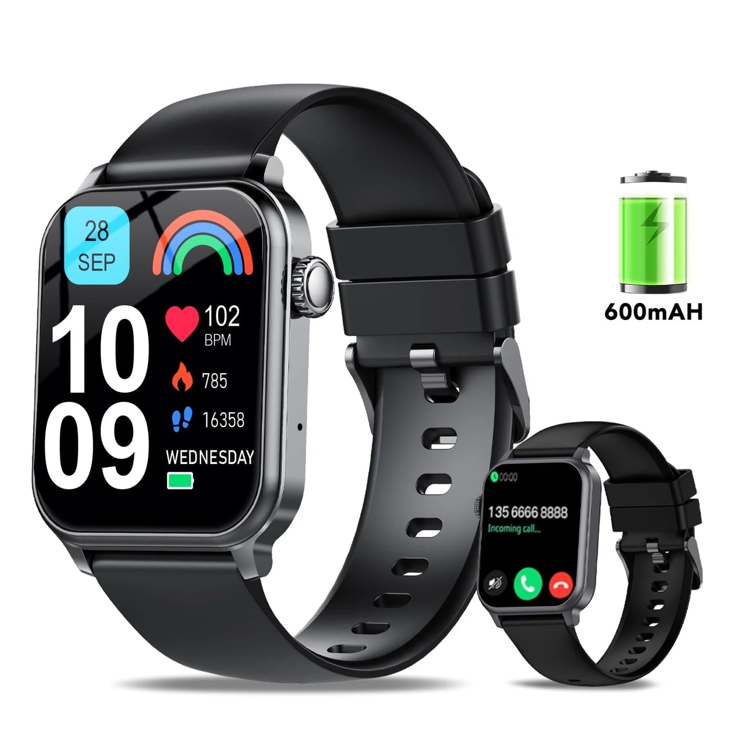 Smart Watch for Men Women with 600 Mah 30 Day+Battery Life, 1.85" HD Screen Fitness Tracker, Make/Recive Call, 110+ Sport Mode, IP68 Waterproof, Fitness Watch for Android/Ios (Black)