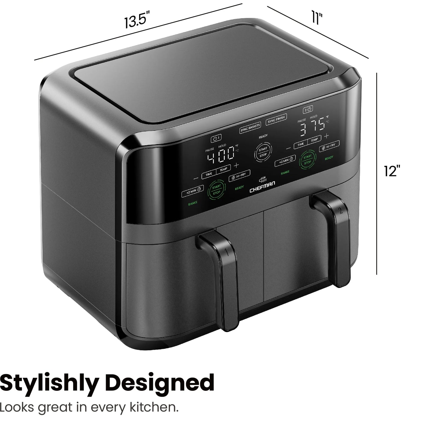Dual Basket Air Fryer W/ Digital Touchscreen, 2 Independent 3 Qt Baskets, Sync Finish - Black