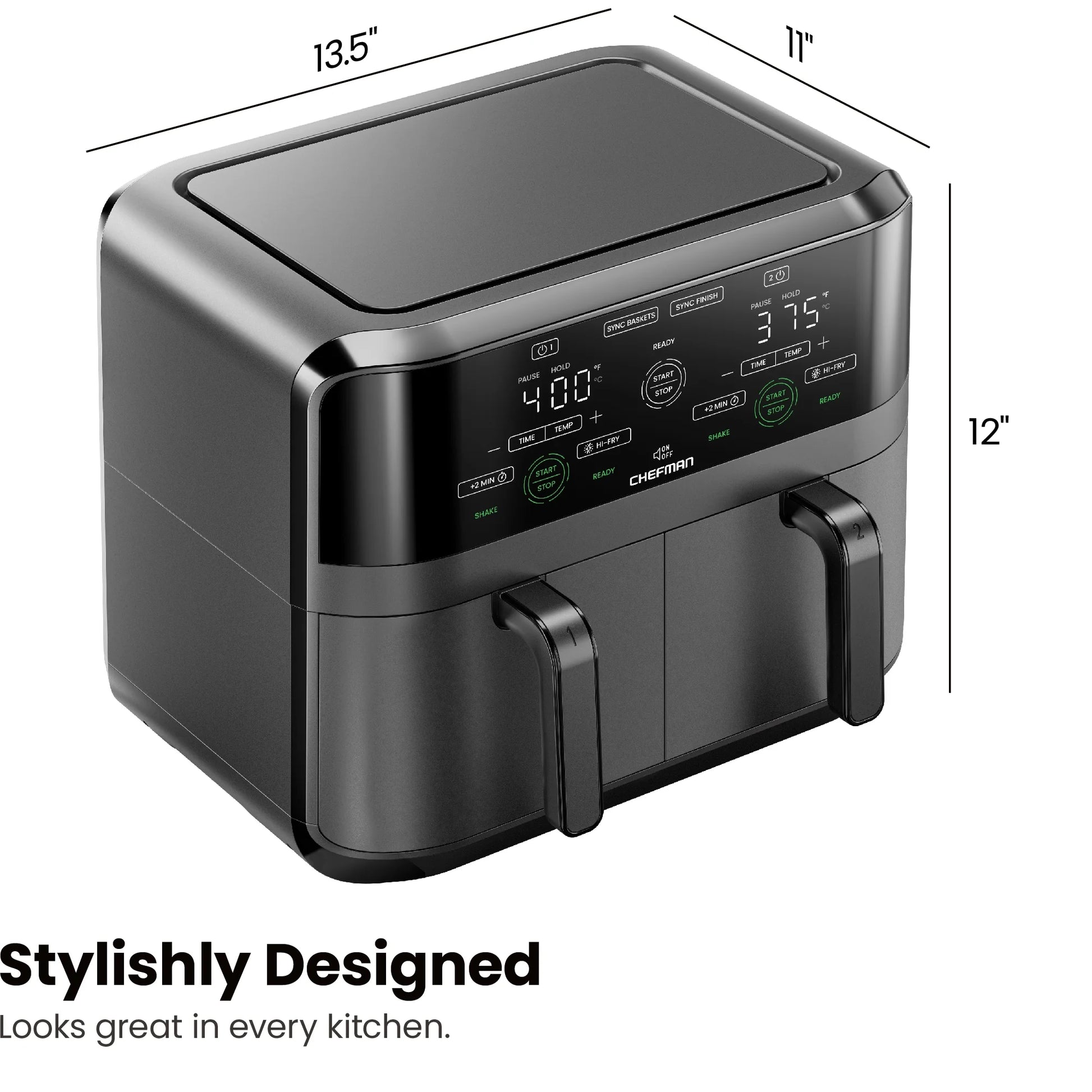 Dual Basket Air Fryer W/ Digital Touchscreen, 2 Independent 3 Qt Baskets, Sync Finish - Black