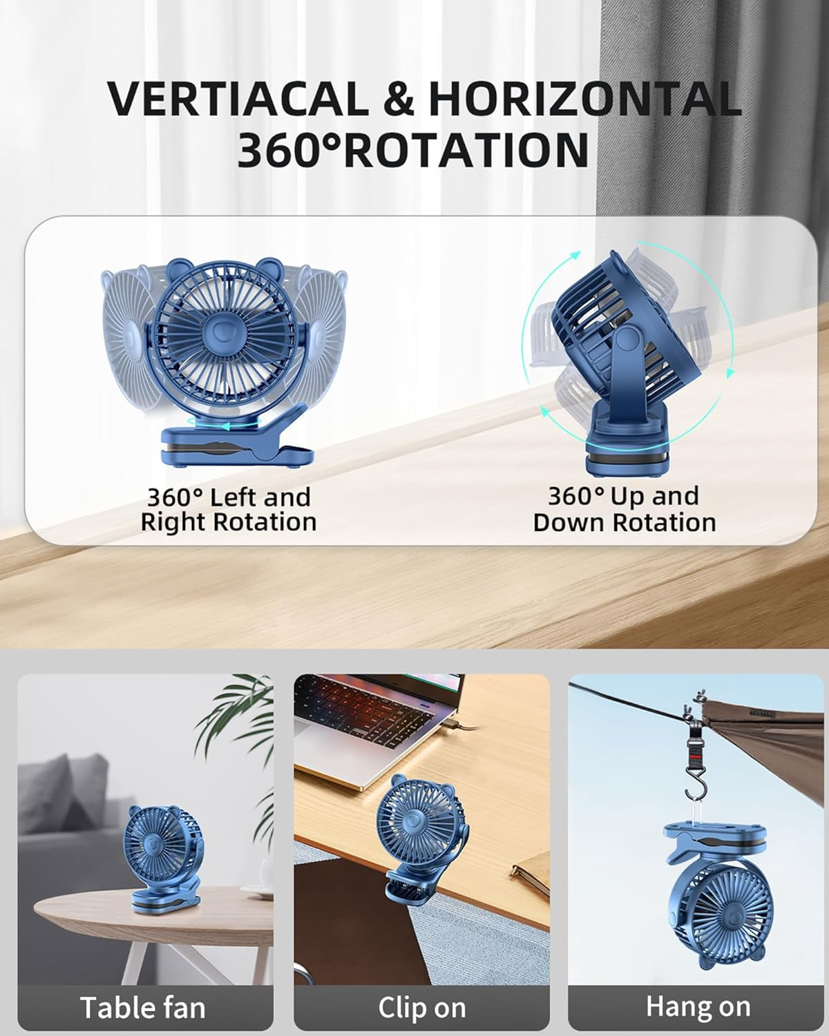 Clip on Fan, Rechargeable Portable Fan with 2000Mah Battery Operated, Small Fan
