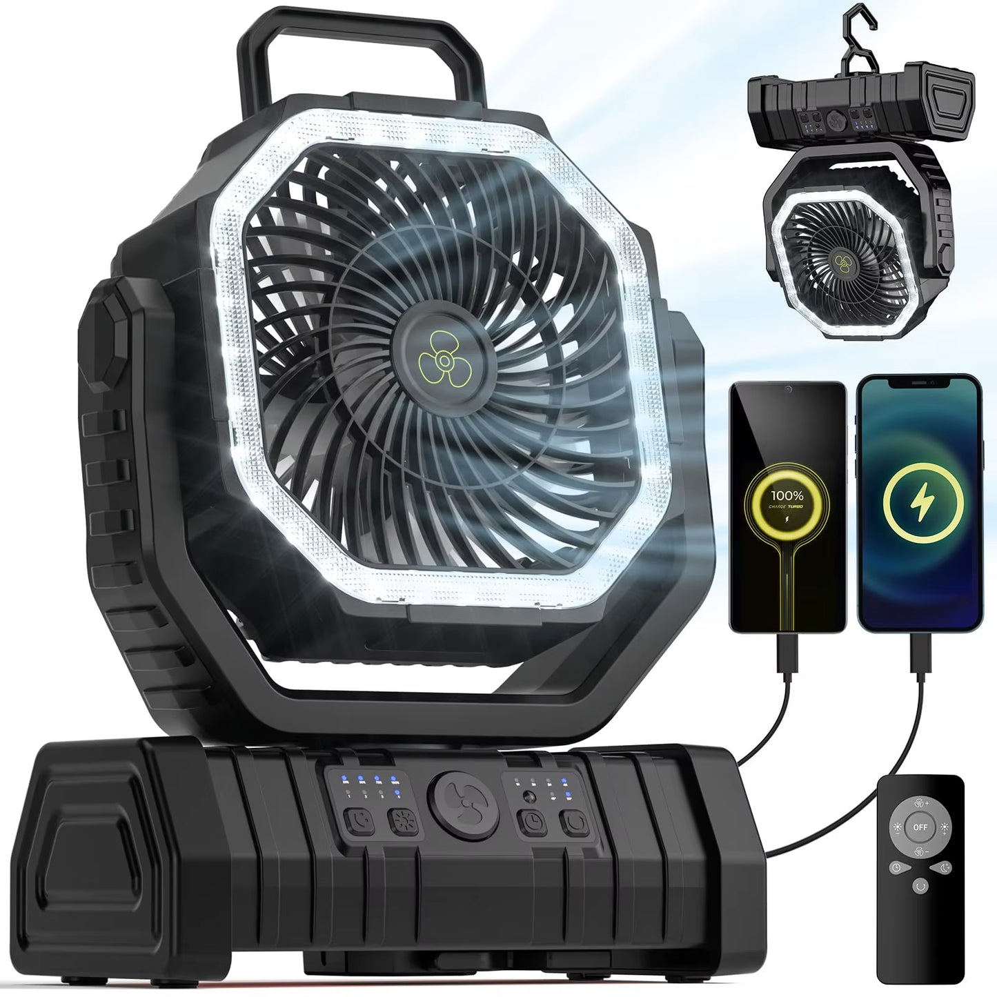 Camping Battery Operated Powered Fan with LED Lantern Light 20000Mah Rechargeable Portable Oscillating Fan,Cordless USB Desk Fan