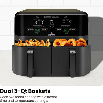 Dual Basket Air Fryer W/ Digital Touchscreen, 2 Independent 3 Qt Baskets, Sync Finish - Black
