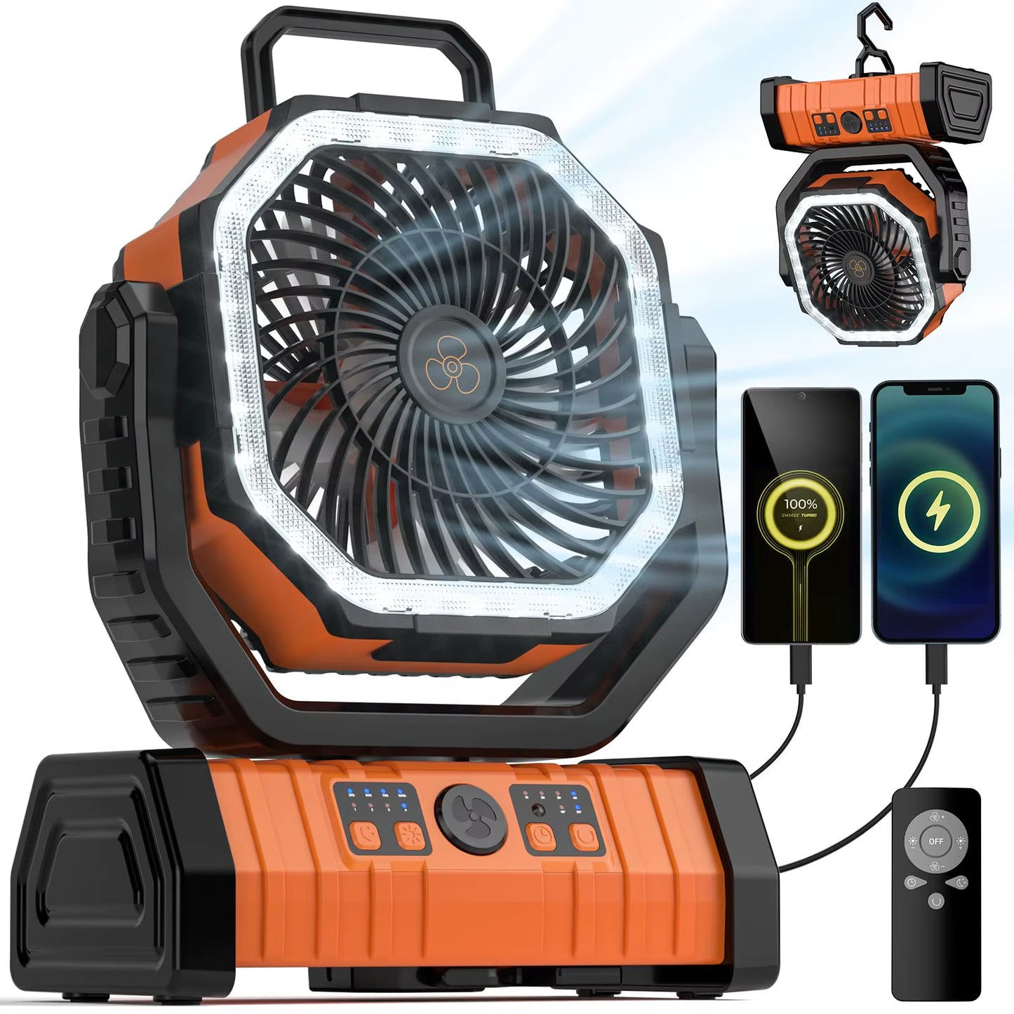 Camping Battery Operated Powered Fan with LED Lantern Light 20000Mah Rechargeable Portable Oscillating Fan,Cordless USB Desk Fan