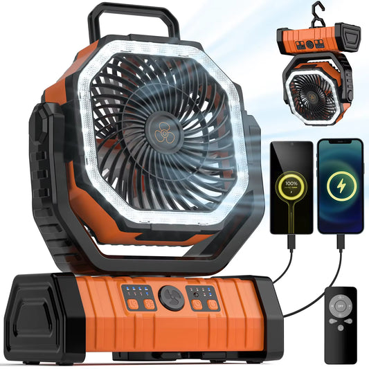 Camping Battery Operated Powered Fan with LED Lantern Light 20000Mah Rechargeable Portable Oscillating Fan,Cordless USB Desk Fan