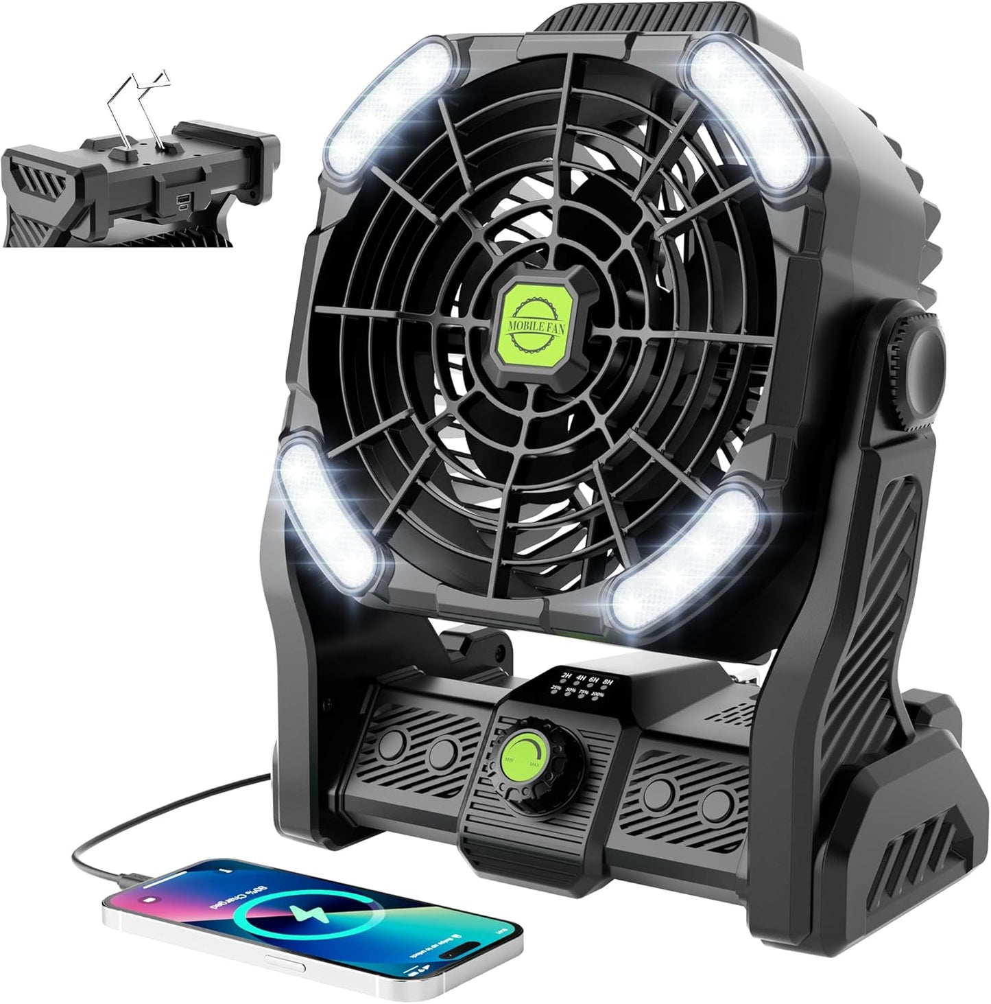 Battery Powered Fan,20000Mah Camping Essentials Rechargeable Cordless Camping Fan with LED Light & Hook，270° Pivot USB Table Battery Operated for Tent Black X26